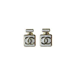 Chanel 25P CC Enamel Perfume Bottle Stud Earrings White